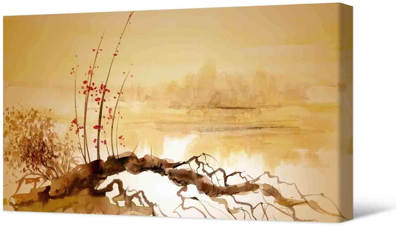 Картинка Фотокартина - упавшее дерево и цветущий цветок на берегу водоема