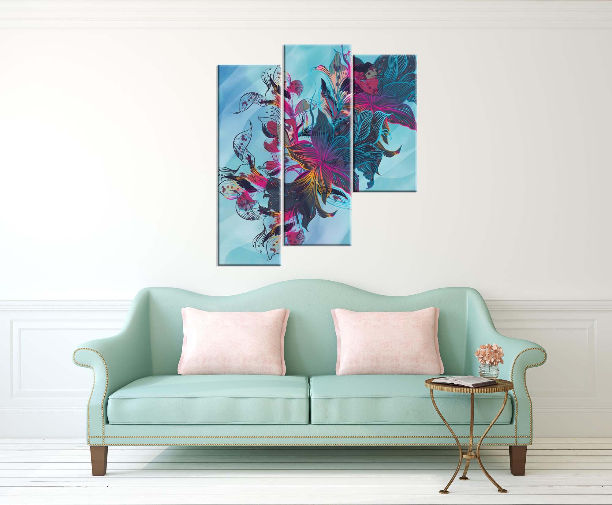 Bild Modulares Bild - bunte Blumen auf blauem Hintergrund 2