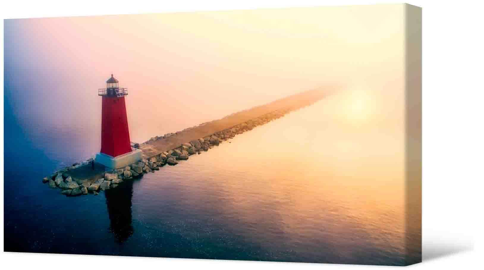 Picture Photo painting on canvas - Red lighthouse on a cape by the sea