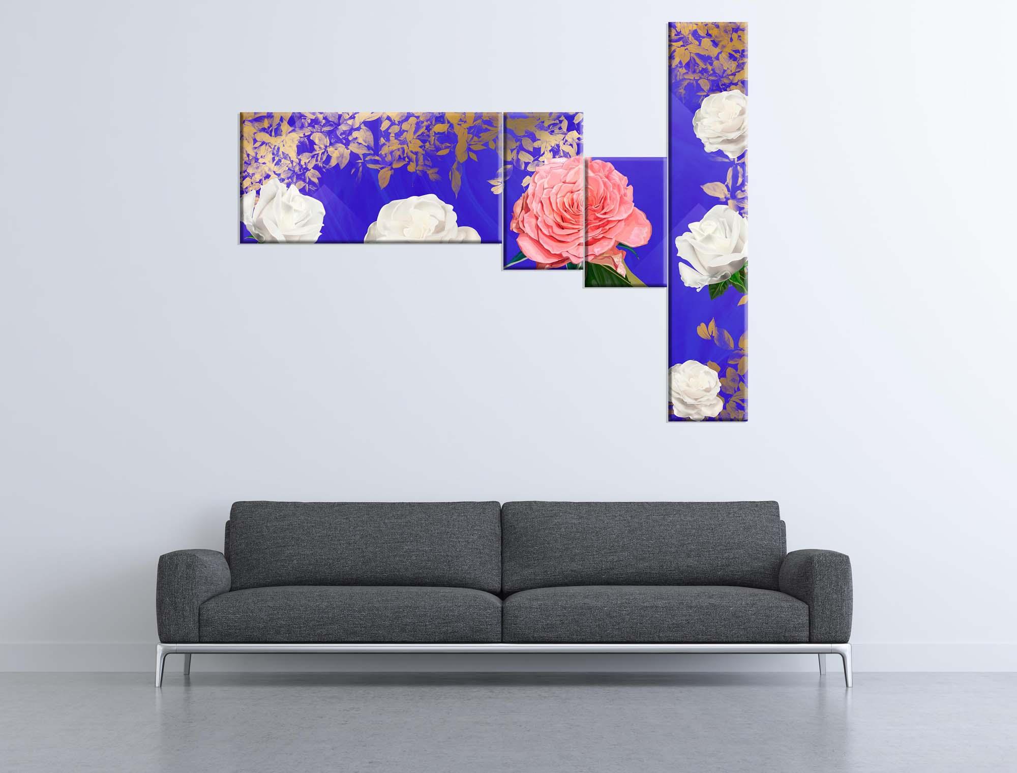 Paveikslėlis Modulinis paveikslėlis – žydinčios rožės violetiniame fone 2