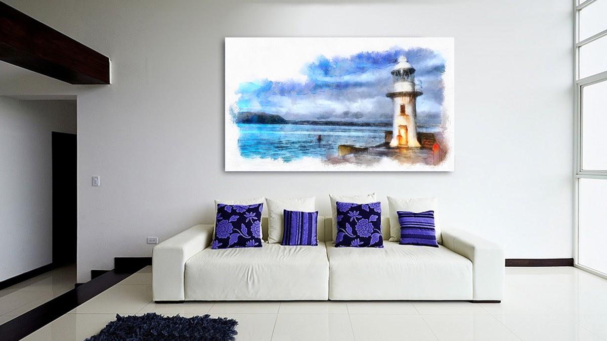 Photo painting on canvas - Lonely lighthouse on the shore of the bay