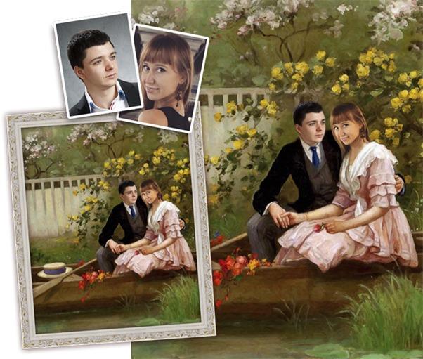 Personalizēta foto glezna vecākiem Foto glezna – labākā dāvana vecākiem, attēlojot pāri ziedu dārzā.