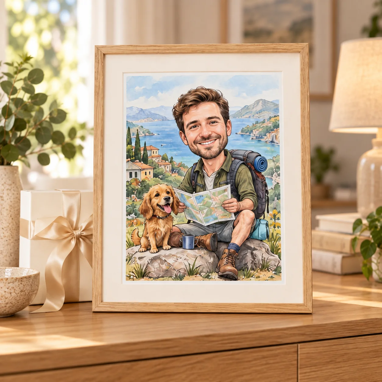Laual seisab raamitud karikatuur seljakoti ja koeraga reisijast.