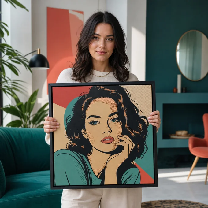 Fotoralistlik naine hoiab kaasaegses roheka-korallitoonilises ruumis ruut Pop Art portreed.