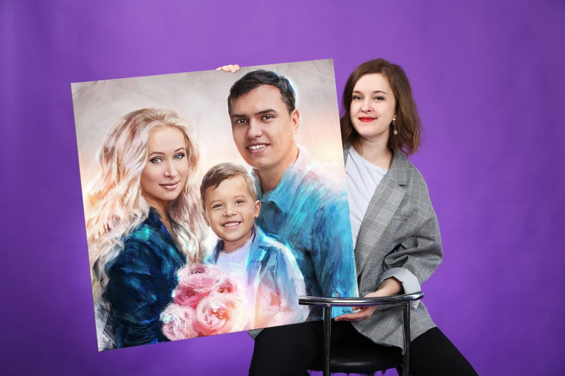 A colourful portrait of two adults and a child held by a woman.