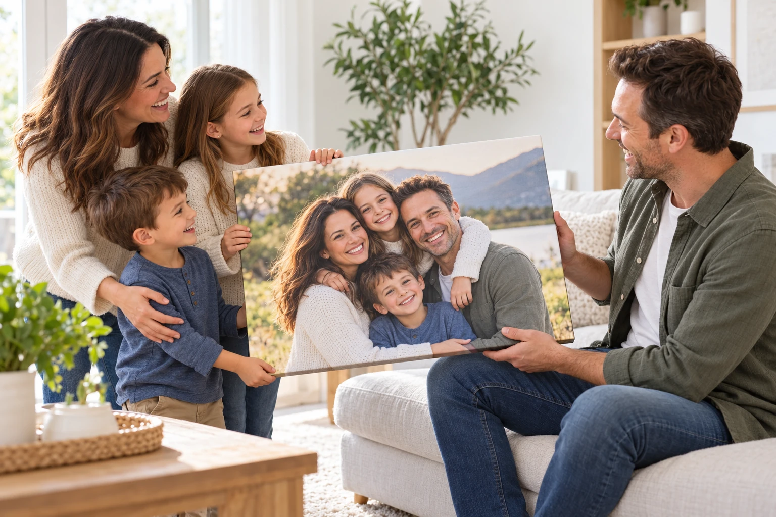 A mother and two children give Dad a canvas with a family photograph.