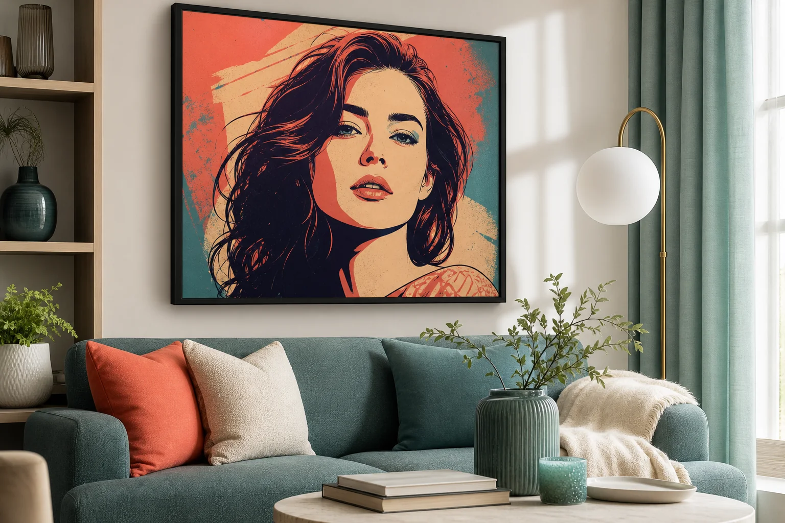 Interjöör mündirohelise ja koralltoonidega diivaniga, seinal suur Pop Art naise portree.