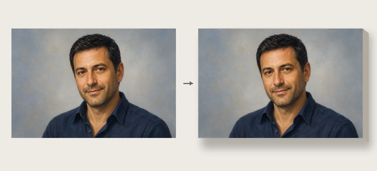 Цифровой рисунок мужчины и макет того же изображения на холсте.