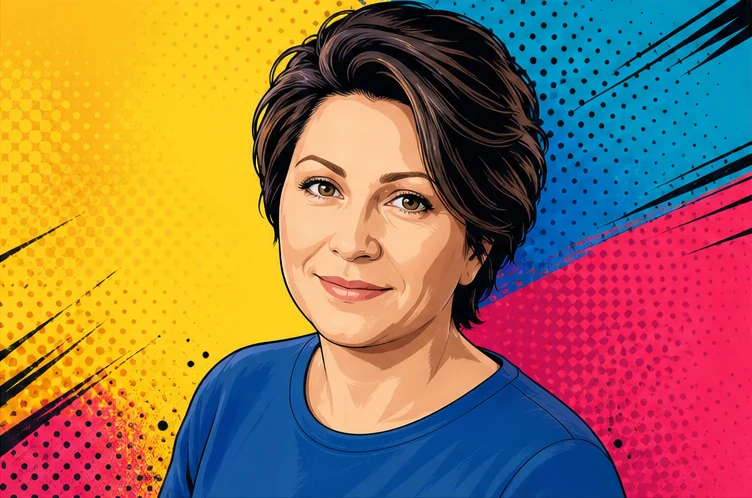 Тот же человек в стиле Pop Art с контрастными цветами и чёткими контурами