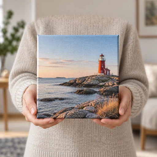 A canvas print of a red lighthouse held in two hands.