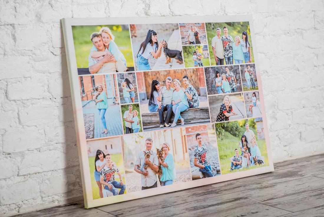 A family photo collage on canvas beside a white brick wall.