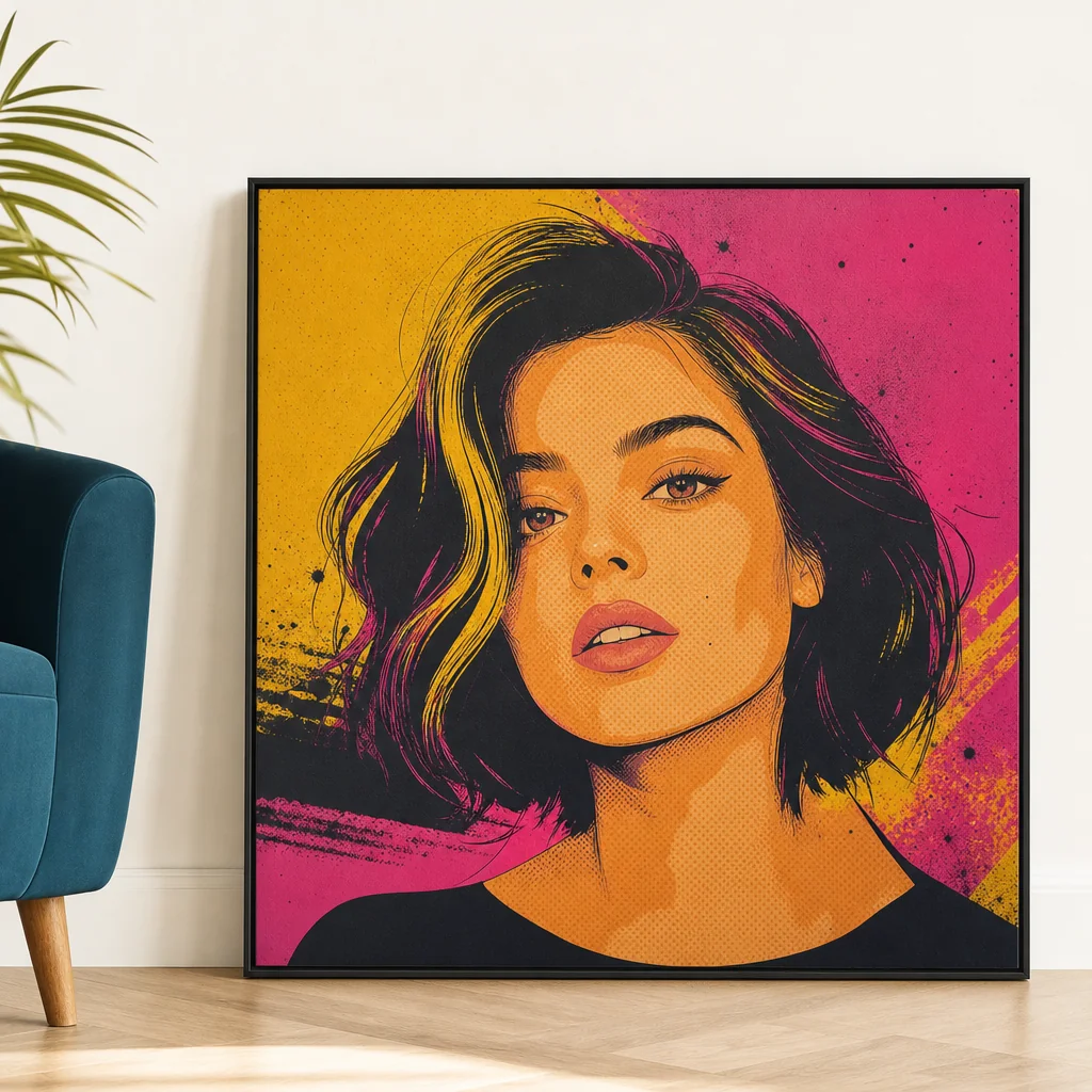 Ruut Pop Art naise portree kollasel ja roosal taustal, põrandal sinise tooli kõrval.