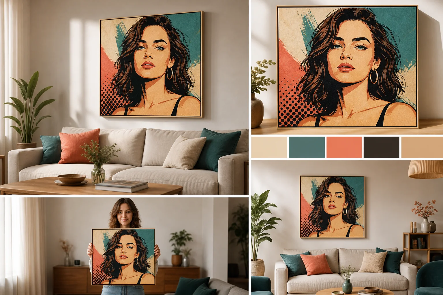 Kollaaž: moodsa elutoa interjöör, diivan, suured Pop Art stiilis naise portreed, värvipalett ja naine hoiab portreed.