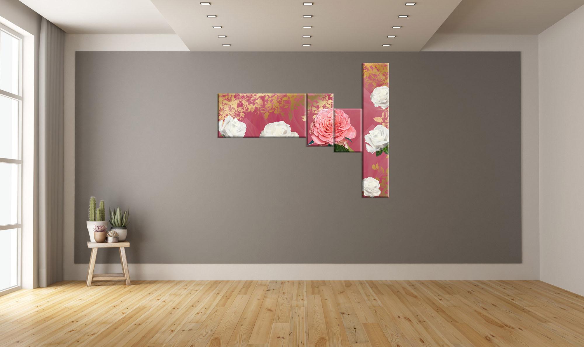 Modular picture - blooming roses on a red background