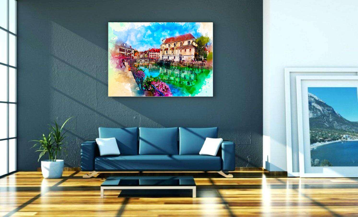 Photo painting on canvas - Beautiful landscape river and houses