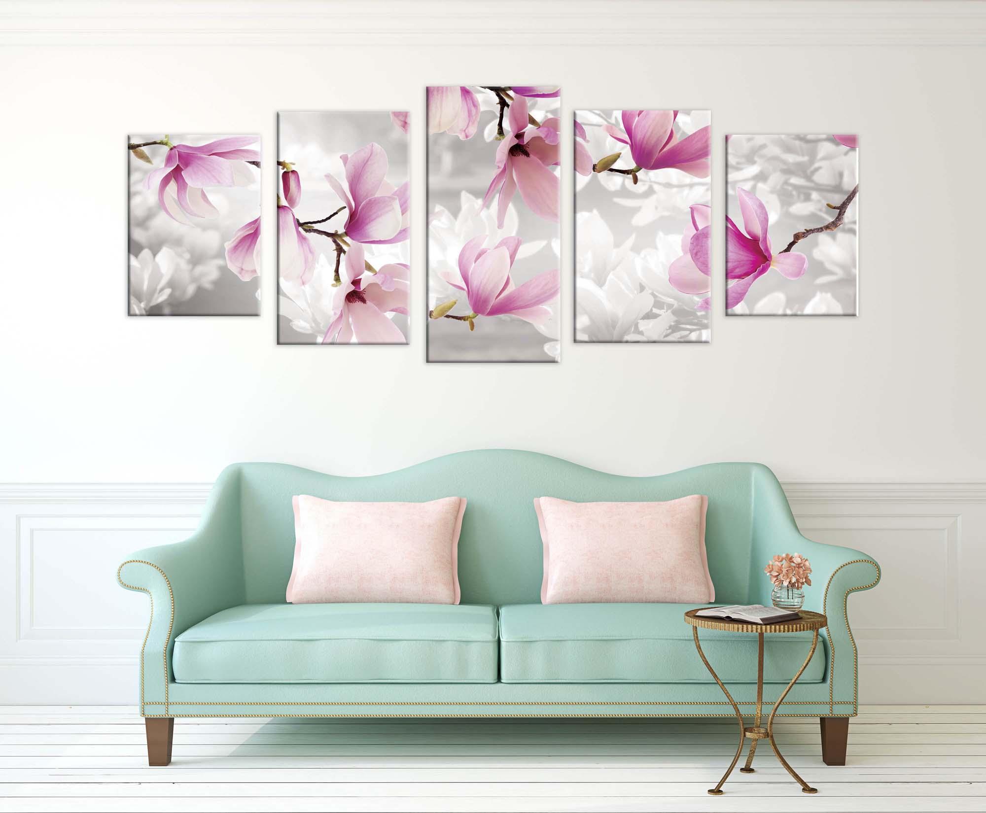 Bild Modulares Bild - rosa zarte Blumen auf grauem Hintergrund 2