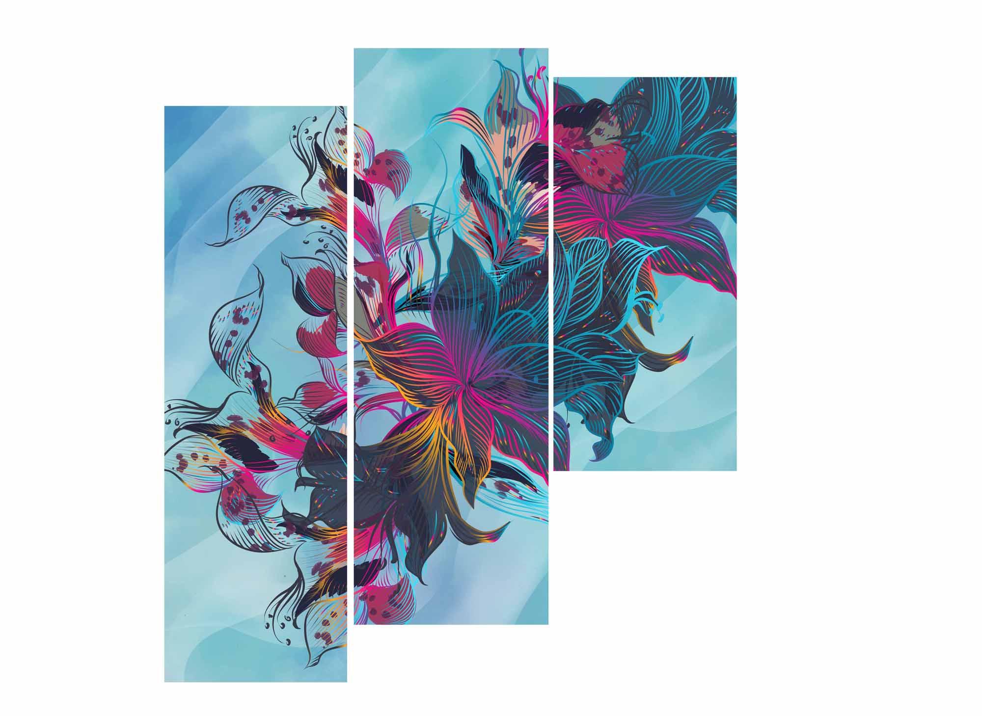 Obrazek Modułowy obraz - kolorowe kwiaty na niebieskim tle 3